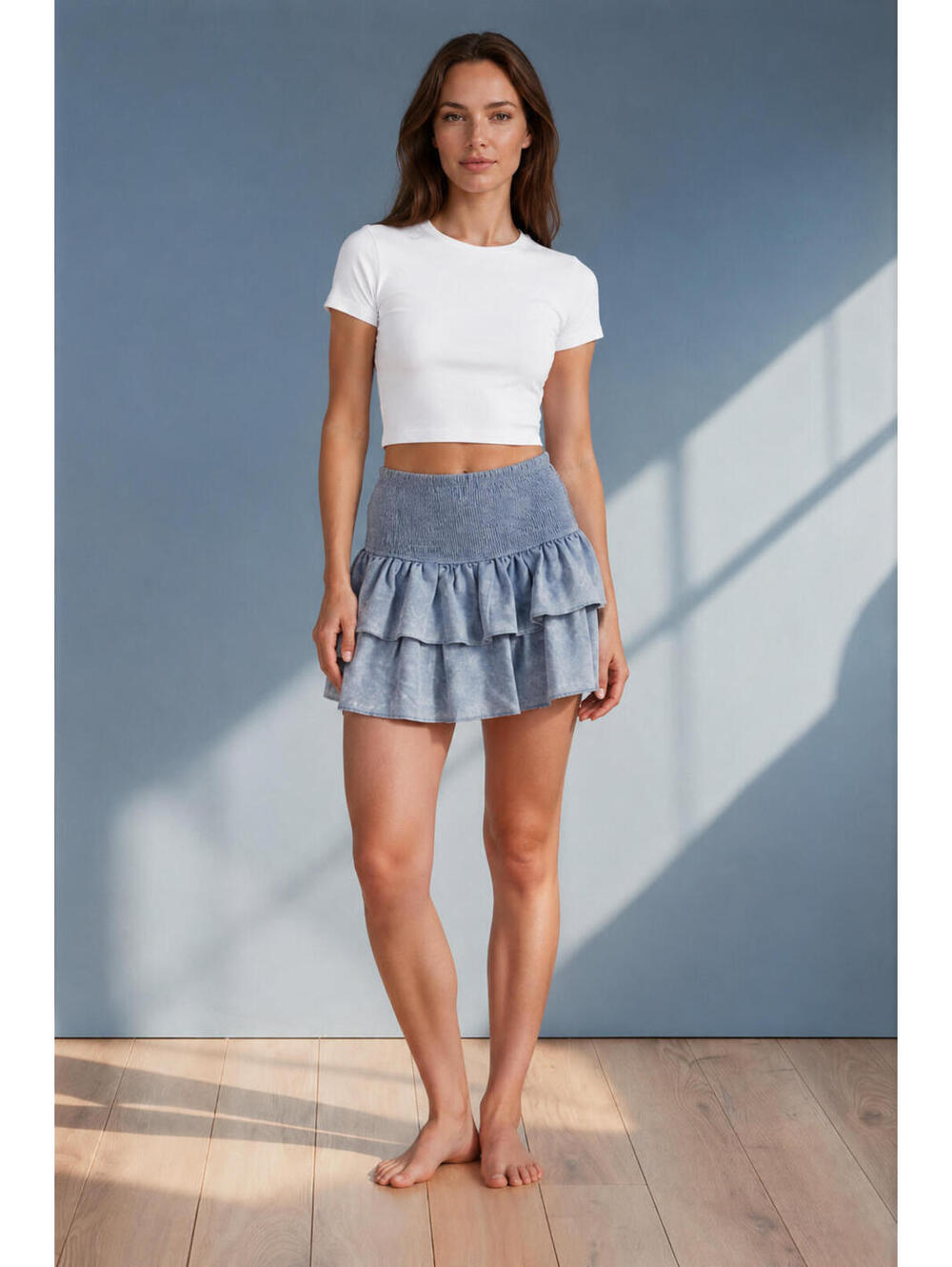 Entro Skort Womens Medium Blue Mineral Wash Tiered Ruffle Smocked Waist Shorts